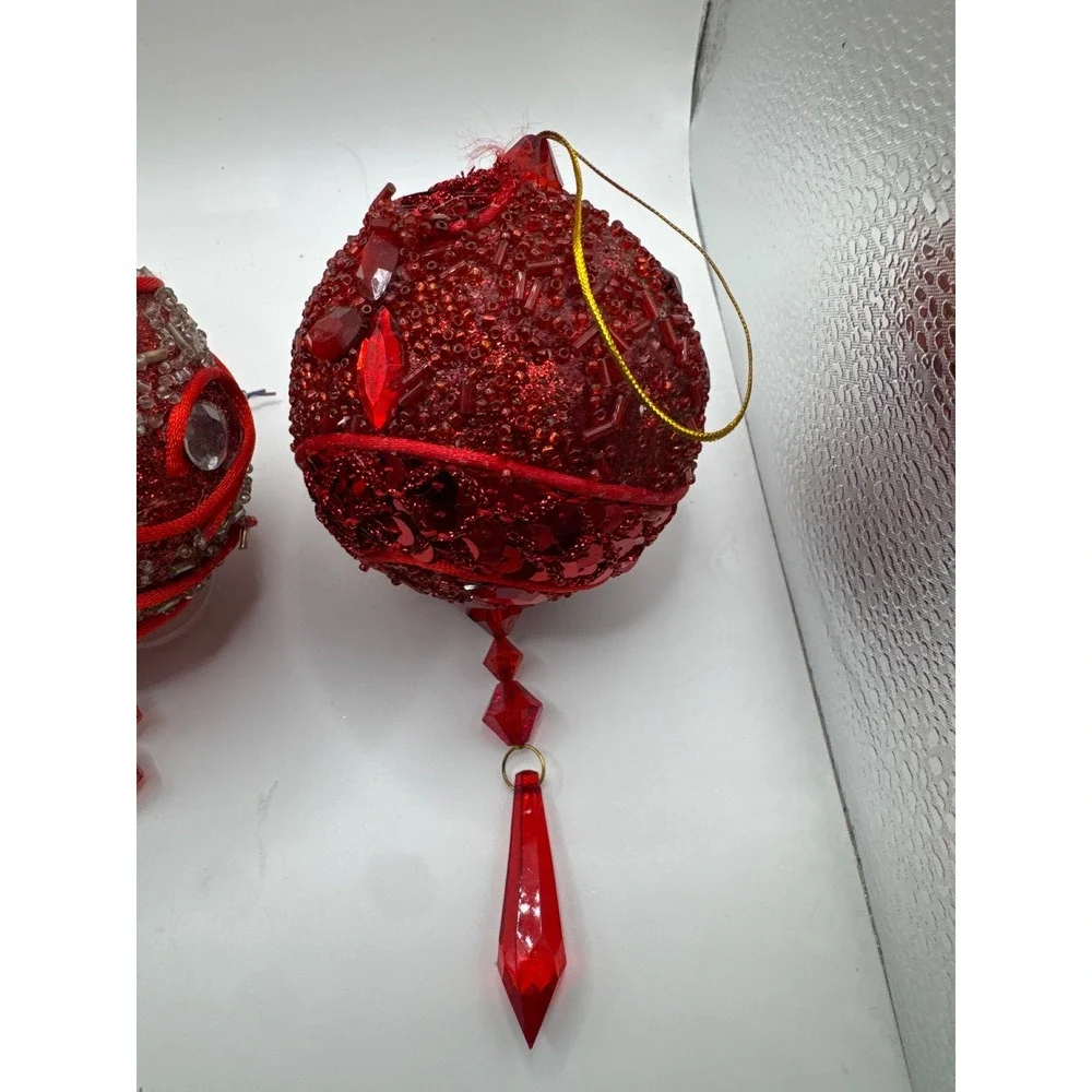 Red Beaded Christmas Ornaments Set of 3 Silver Accents Crystal Dangles